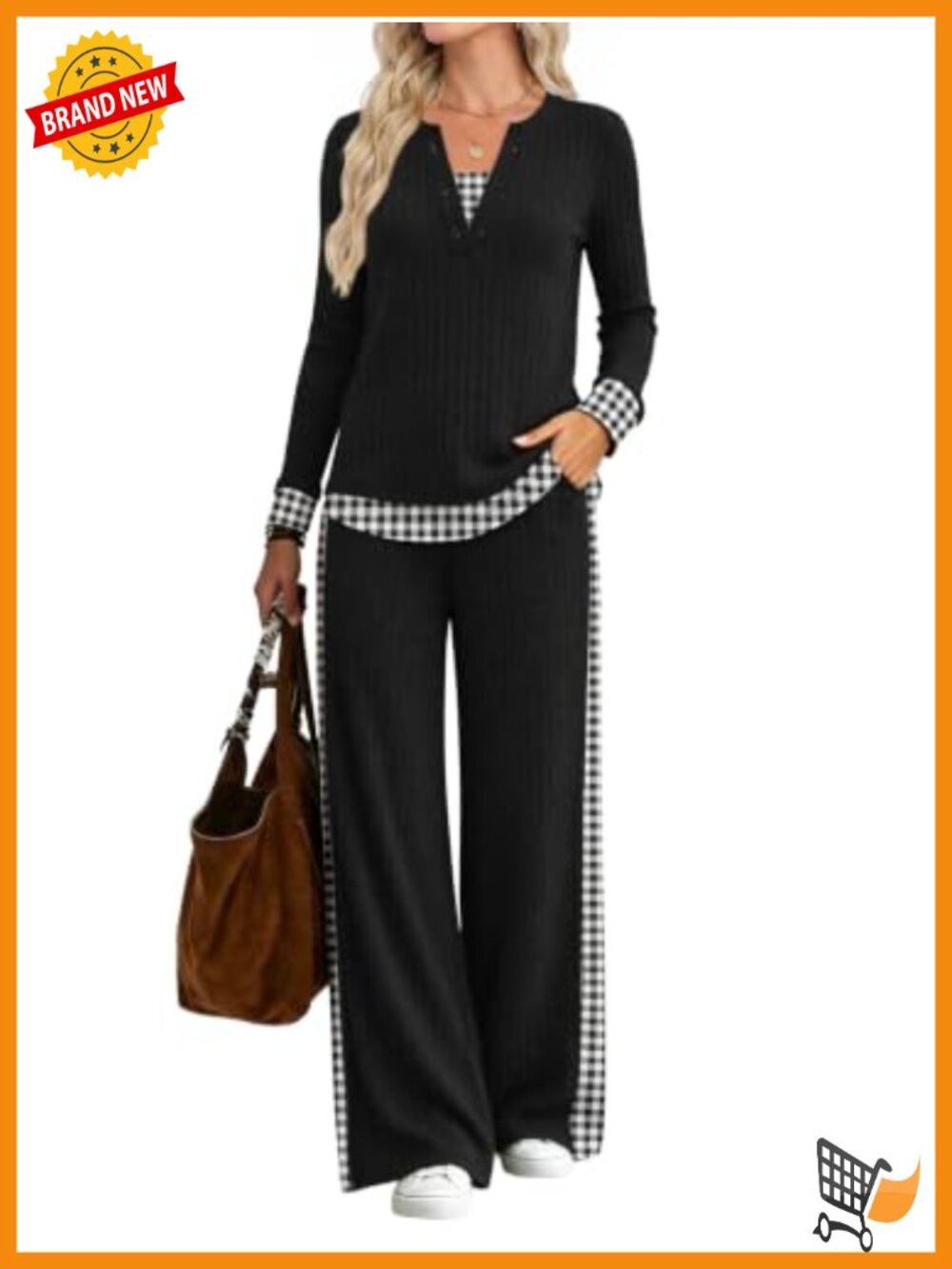Women Ribbed Knit Lounge Set Long Sleeve Wide Leg Pants